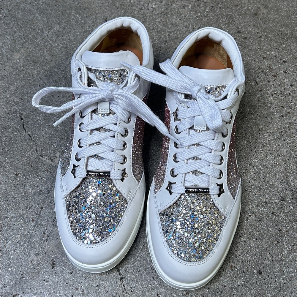 Rare Authentic Jimmy Choo Women’s Platinum Flamingo Sneakers